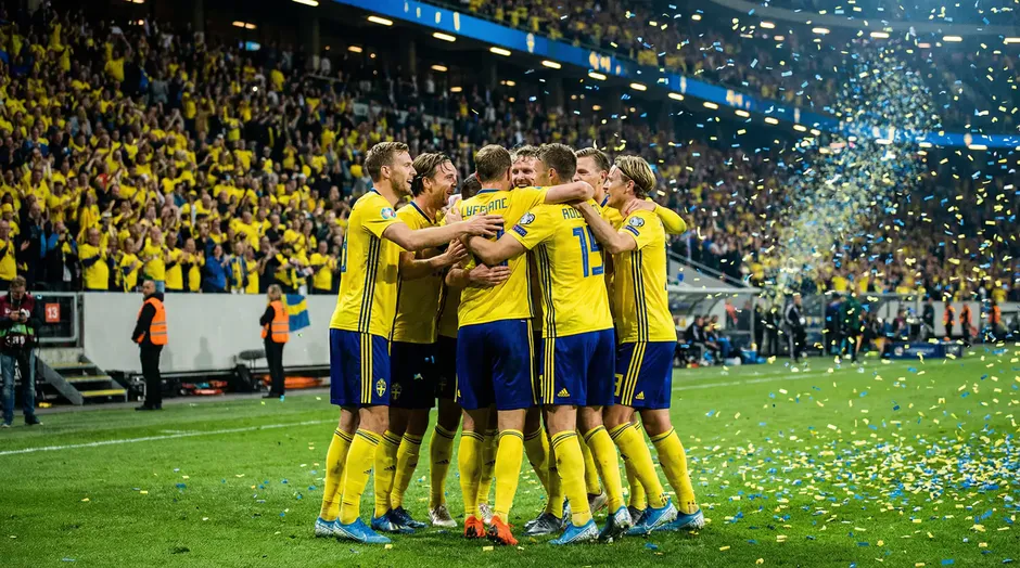 Det svenske landshold fejrer VM-kvalifikation efter playoff-sejr over Polen
