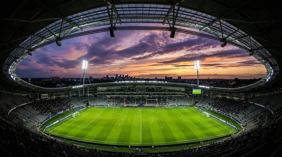 VM 2026-stadion oplyst om aftenen med en dramatisk solnedgang over fodboldbanen