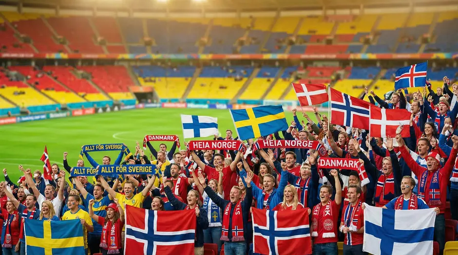 Entusiastiske skandinaviske fodboldfans med nordiske flag paa et VM 2026-stadion
