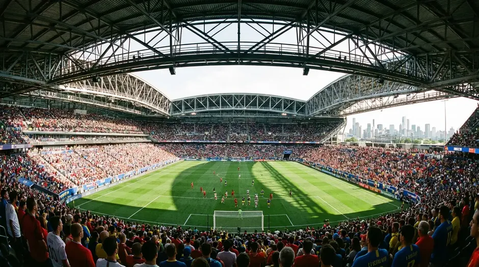 Panoramaudsigt over et fyldt VM 2026-stadion med groen fodboldbane og tilskuere i solskin